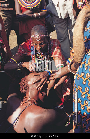 Maasai Moran mit seinem Kopf rasiert Mutter bei Eunoto Zeremonie Südkenia Stockfoto