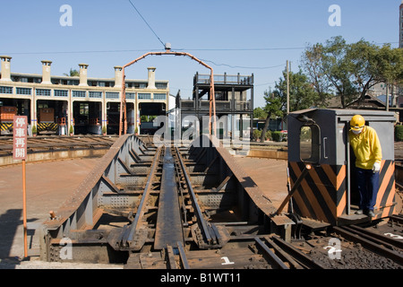 Rotierende Drehscheibe, betrieben von einem männlichen Arbeitnehmer in eine fächerförmige Wartung Bahnbetriebswerk in Changhua, Taiwan r.o.c. Stockfoto