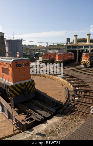 Dieselzüge auf eine fächerförmige Wartung Bahnbetriebswerk in Changhua, Taiwan r.o.c. Stockfoto