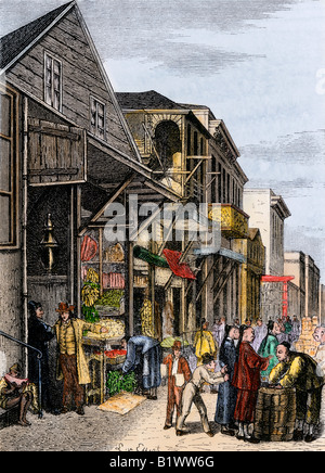 Geschäftigen Chinatown Street in San Francisco 1880. Hand - farbige Holzschnitt Stockfoto