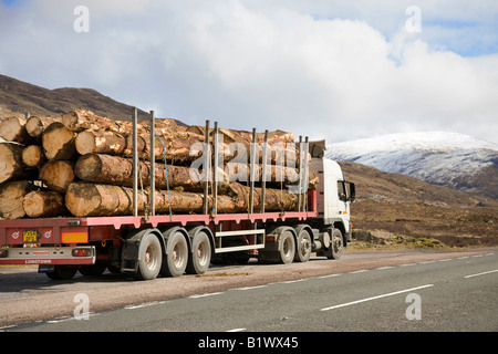 Glencoe in Lochaber, Schottische Highlands, Schottland. A82 Landstraßen-Holzfällertransporte Lay-by, Baumtransport, LKW-Industriedienstleistungen, Großbritannien Stockfoto