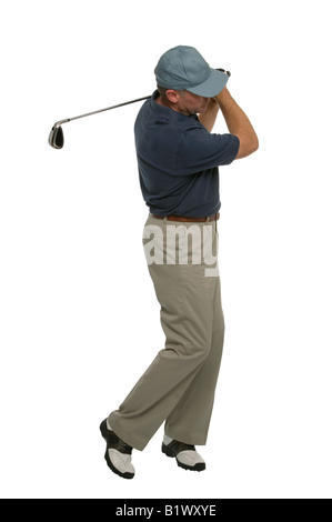 Studioaufnahme von männlichen Golfer während seiner Rückschwung mit einem Eisen-club Stockfoto