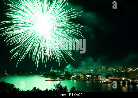 Feuerwerke erhellen die Skyline während Kanada Day Feierlichkeiten am 1. Juli 2008 in Kingston, Ontario, Kanada. Stockfoto