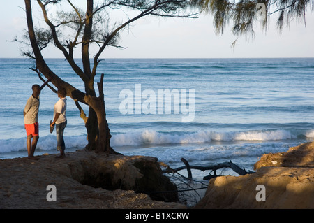 Liebespaar unter einem Baum am Strand von Tofo, Mosambik sprechen. Stockfoto