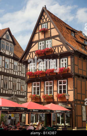 Quedlinburg halb gezimmerten Häuser auf dem Marktplatz Stockfoto