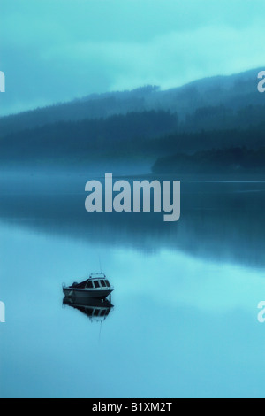 Boot am nebligen See Stockfoto