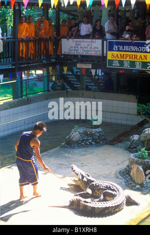 Leistung mit Krokodilen auf Samphran Elefant Boden in der Nähe von Bangkok Stockfoto