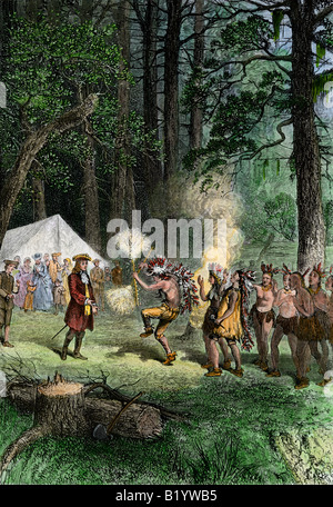 Oglethorpe treffen Ureinwohner im kolonialen Georgia 1700. Hand - farbige Holzschnitt Stockfoto