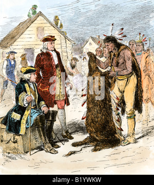 Tomo chichi Pelze zu James Olglethorpe Georgien Kolonie. Hand - farbige Holzschnitt Stockfoto