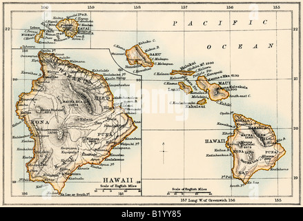 Map of the Hawaiian islands 1870s. Color lithograph Stockfoto
