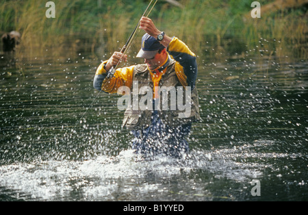 Ein Fliegenfischer spielt eine große Cutthroat-Forelle auf der Madison River in Montana Stockfoto