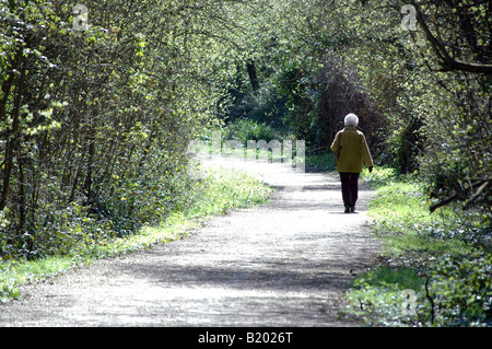 GEMA-frei fotografieren der alten Dame zu Fuß entlang der Landstraße bei Sonnenschein auf Land UK Stockfoto