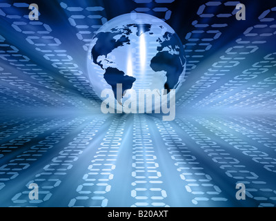3D Rendern eines Globus auf einem binären Code-Hintergrund Stockfoto