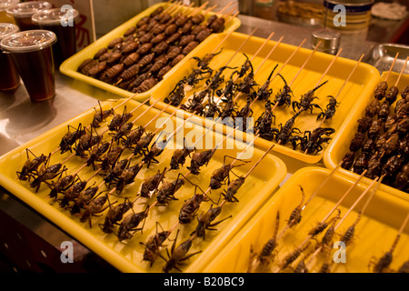 Frittierte Heuschrecken Seidenraupen und Skorpione zum Verkauf in der Nacht Markt Wangfujing Street Peking China Stockfoto