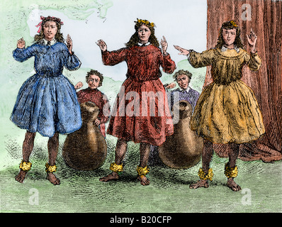 Hula Tanz der hawaiischen Ureinwohner erfolgt Mitte 1800. Hand - farbige Holzschnitt Stockfoto