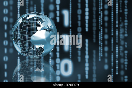 Wireframe-Globus auf abstrakte Binärcode Hintergrund Stockfoto
