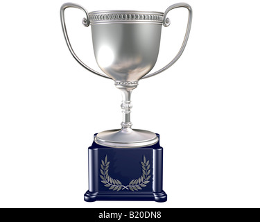 Abbildung einer hochglanzpolierten silberne Trophäe mit silbernen Lorbeer Kranz Sockel Stockfoto