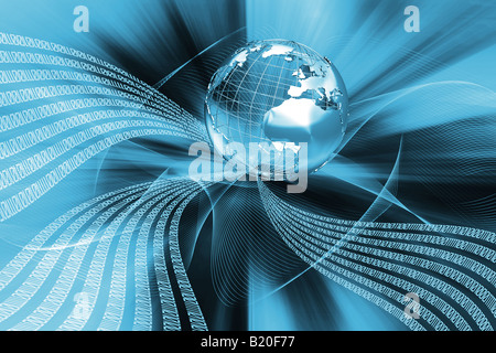 Wireframe-Globus auf Binär-Code-Hintergrund Stockfoto