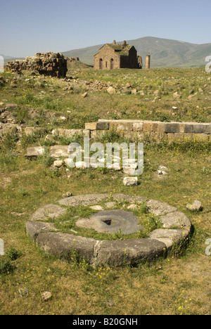 Überreste von Leinöl mit großartigen Kathedrale in Ferne im Ani, zerstörten Hauptstadt des armenischen Königreichs drücken Stockfoto