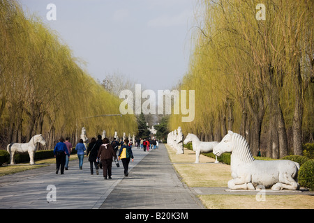 Touristen gehen vorbei an Pferd Statuen auf Geist Weg auf die Ming-Gräber Website Beijing Peking China Stockfoto