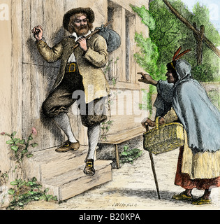 Salem Kolonisten warnte der Hexerei von Tituba 1690 s. Hand - farbige Holzschnitt Stockfoto
