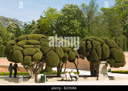 Spanien Madrid Leute sitzen auf Bank unter geformte Bäume in den Gärten in Retiro Park Parque del Buen Retiro Stockfoto