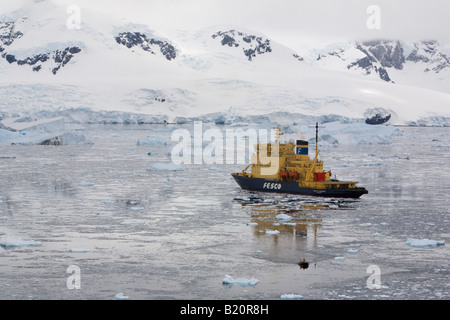 Winzige Sternzeichen von Icebreaker Kreuzfahrt in Richtung Ufer Neko Harbour Antarktische Halbinsel, Gletscher und schneebedeckte Berge, schöne Reflexionen in Eisscholle Stockfoto