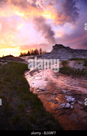 Sonnenuntergang über Castle Geysir Upper Geyser Basin Yellowstone-Nationalpark Stockfoto