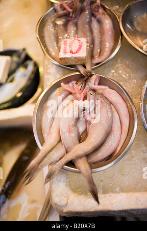 Frischer Fisch auf Verkauf in traditionellen alten chinesischen Soho-Lebensmittelmarkt in Graham Street Central Hong Kong China Stockfoto