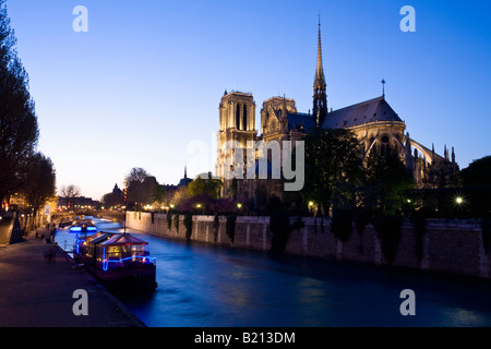 Kathedrale Notre-Dame mit Flutlicht beleuchteten Illuminationen Ile De La Cite und Seine Abend Nacht Licht Paris Frankreich Stockfoto