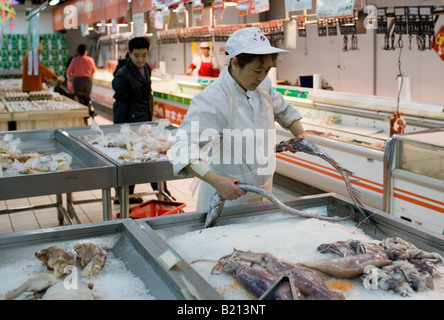 Shop Assistant bei frischen Fischtheke im Supermarkt in Chongqing, China Stockfoto