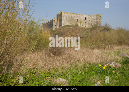 Manorbier Castle in der Frühlingssonne, Manorbier, Pembrokeshire, Wales, Großbritannien Stockfoto