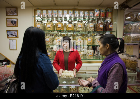 Frauen kaufen chinesische Kräuter und Medikamente im Shop in Wing Lok Street Sheung Wan Hongkong China Stockfoto