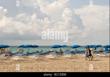 Lounge Stühle aufgereiht am Miami Beach am Morgen Stockfoto