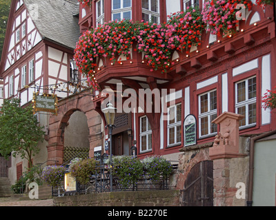 Detail der Fassade des Weinhaus in einem halben Fachwerk Fachwerkhaus mit Blumen vor den Fenstern im alten Stadt Miltenberg Stockfoto