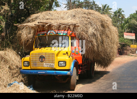 Stroh bedeckt Tata LKW am Straßenrand in der Nähe von Mahe Kerala Indien Stockfoto