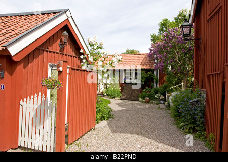 Alte Holzhäuser in der Stadt von Strängnäs Schweden Stockfoto