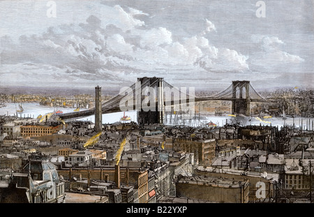 Die neue Brooklyn Bridge über den East River in New York City 1883. Hand - farbige Holzschnitt Stockfoto