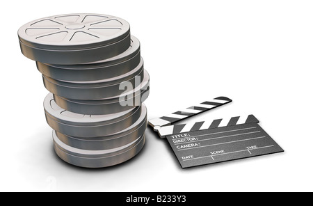 3D Render Filmrollen und Clapper Board isoliert auf weißem Hintergrund Stockfoto