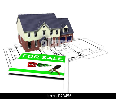 3D Rendern eines Hauses auf Blaupausen mit für Verkauf Zeichen Stockfoto