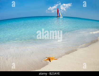 Seelandschaft mit einem Stern und einem Segelschiff Stockfoto