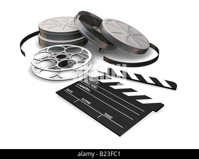 3D render Film Rollen Clapper Board und Filmdosen auf weißem Hintergrund Stockfoto