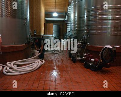 Arbeiter, die Gärung Reinigungsraum Cakebread Cellars Weingut in Napa Valley, Kalifornien Stockfoto