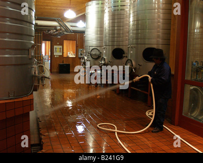 Arbeiter, die Gärung Reinigungsraum Cakebread Cellars Weingut in Napa Valley, Kalifornien Stockfoto