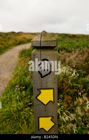 Eine Süd-West (Cornish) Küstenweg Richtung Pfosten mit gelben zeigenden Pfeile und Eichel-symbol Stockfoto