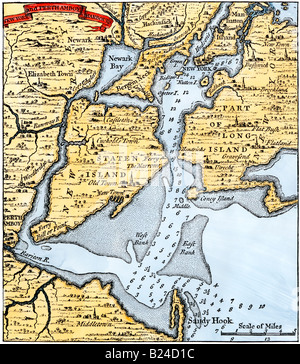 Popples Karte von New York City und Umgebung 1733. Hand - farbige Holzschnitt Stockfoto