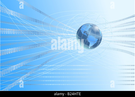 Binäre Informationen fließen rund um den Globus eine dynamische 3d Weltkarte Hintergrund mit binären Einsen und Nullen, die um ihn herum fließt. Stockfoto