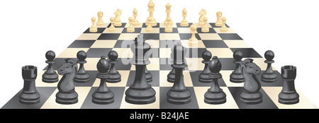 Einen kompletten Satz von Schachfiguren und Vorstand kurz nach dem Start eines Spiels Stockfoto