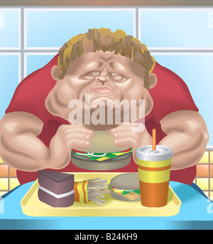 Übergewichtige Menschen im Fastfood-Restaurant einen übergewichtigen Mann im Fastfood-Restaurant Konsum von Junk-Food. Stockfoto