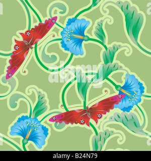 Schmetterling und Blume orientalische aneinander nahtlose Hintergrund A schöne Schmetterling und Blume orientalische aneinander nahtlose wiederholen Stockfoto